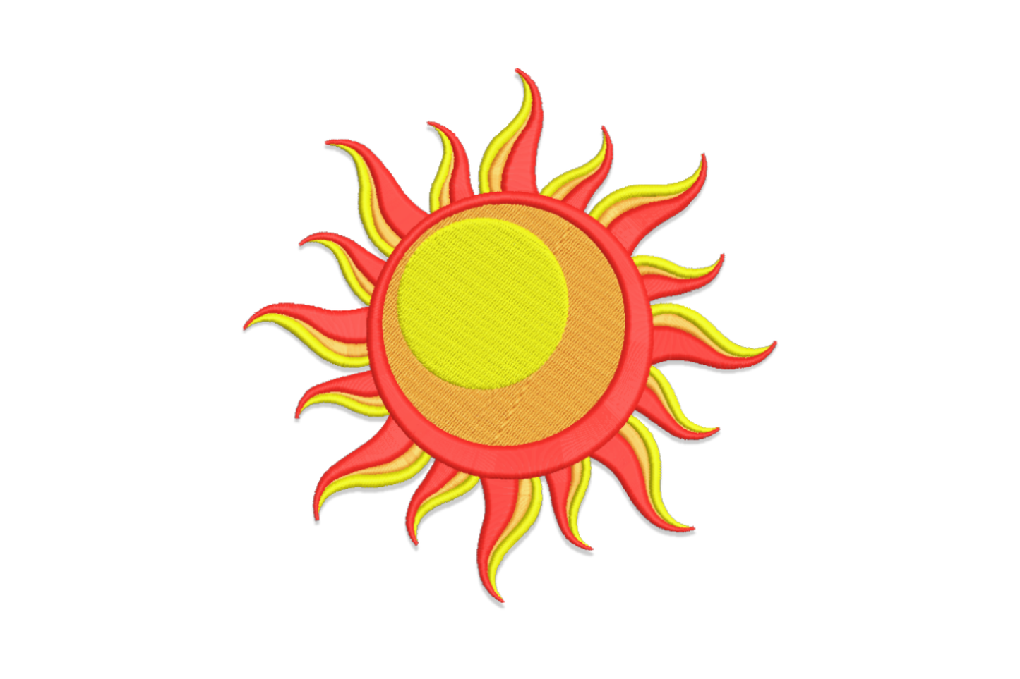 Radiant sun embroidery design with layered orange yellow and red flame-tipped rays creating a warm glowing sunburst effect on white fabric