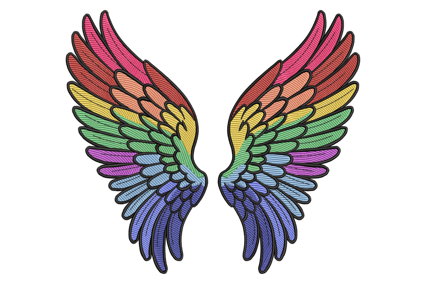 Rainbow angel wings embroidery design, mirrored pastel feathered wings in pink coral yellow mint green pastel blue and lavender layers with black outline.