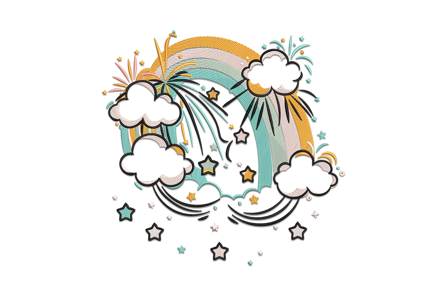 Rainbow with fluffy clouds and scattered stars nursery embroidery design in seven soft pastel colours on white fabric