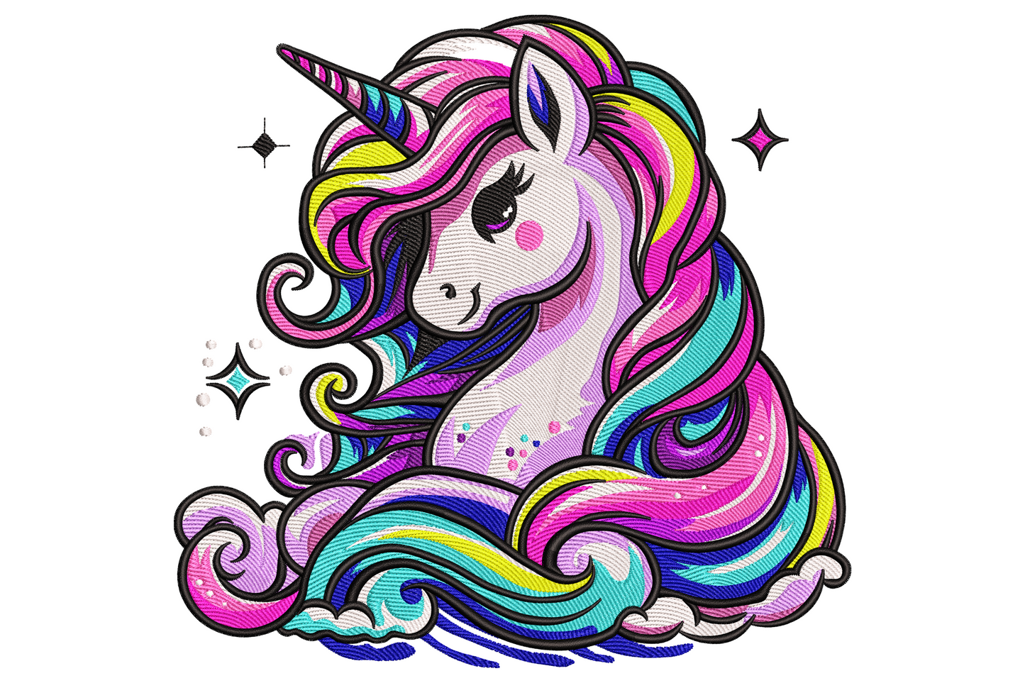 Rainbow hair unicorn embroidery design with white body, gold spiral horn, pastel pink lavender mint blue and yellow mane.