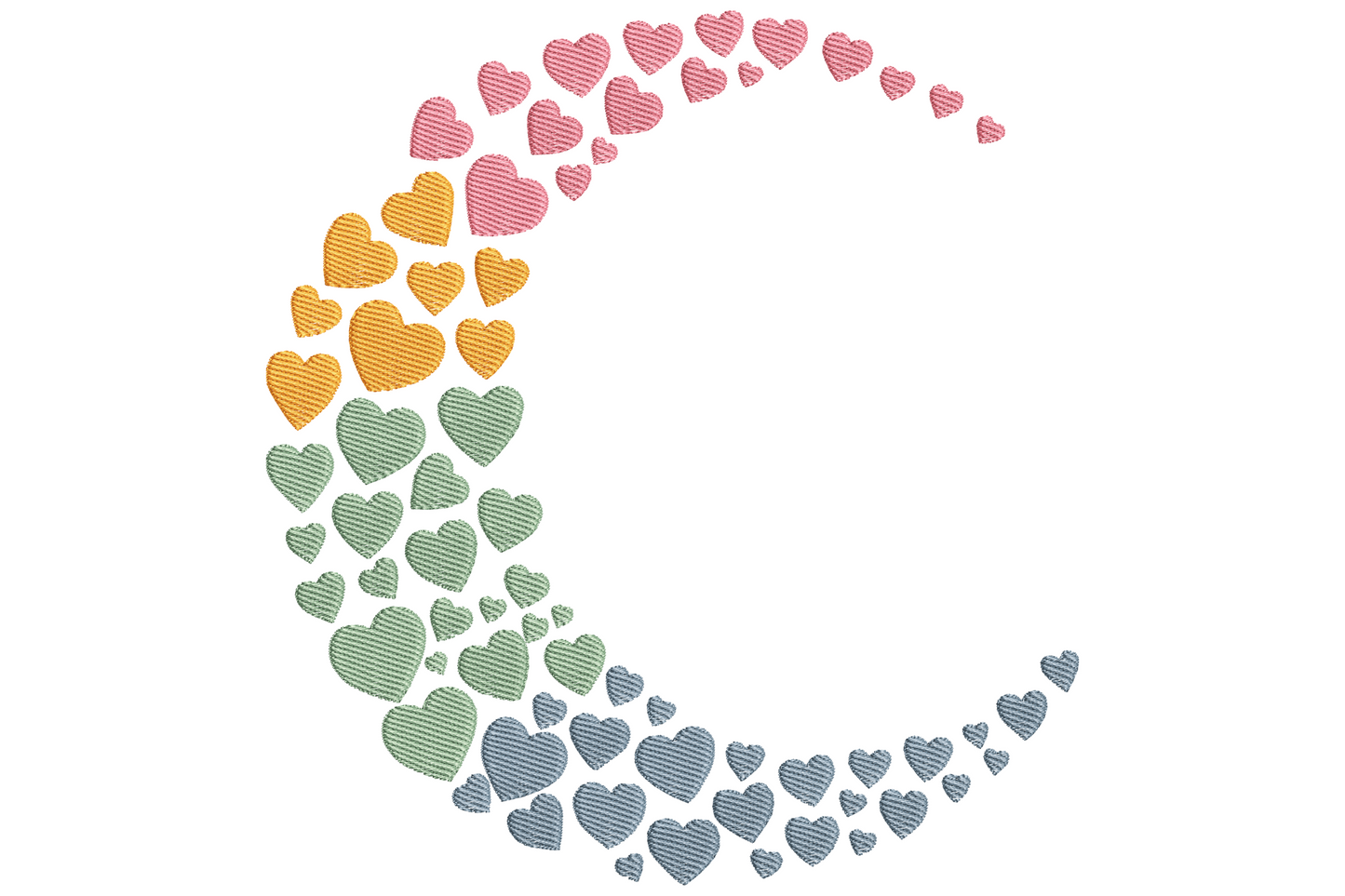 Rainbow heart crescent embroidery design made of dozens of small individual hearts in pink, orange, sage and slate blue arranged in a moon arc.