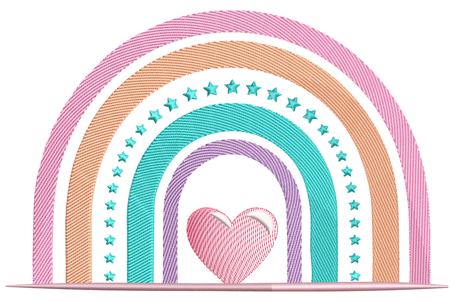 Rainbow heart embroidery with five pastel arches over a centred pink heart, star row on middle band, soft boho nursery style