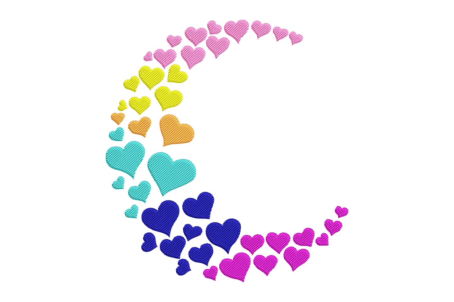 Rainbow heart swirl embroidery, crescent arc of hearts in six colours, hot pink to navy, sizes vary across the curve.