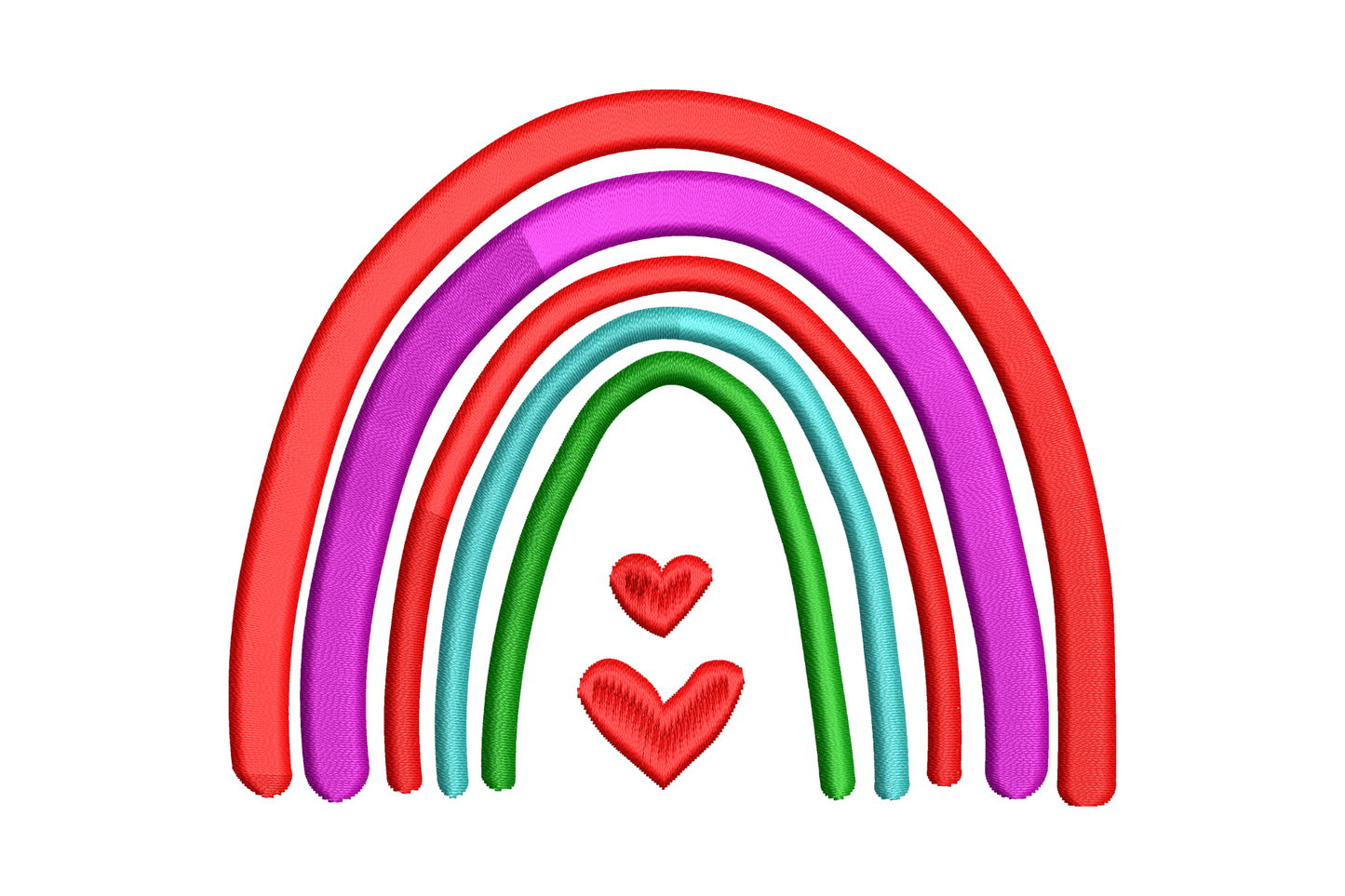 Rainbow hearts arch embroidery design, satin-filled arch in red, dark magenta, aqua and dark green, two small hearts at arch feet, 4 colours, baby nursery style