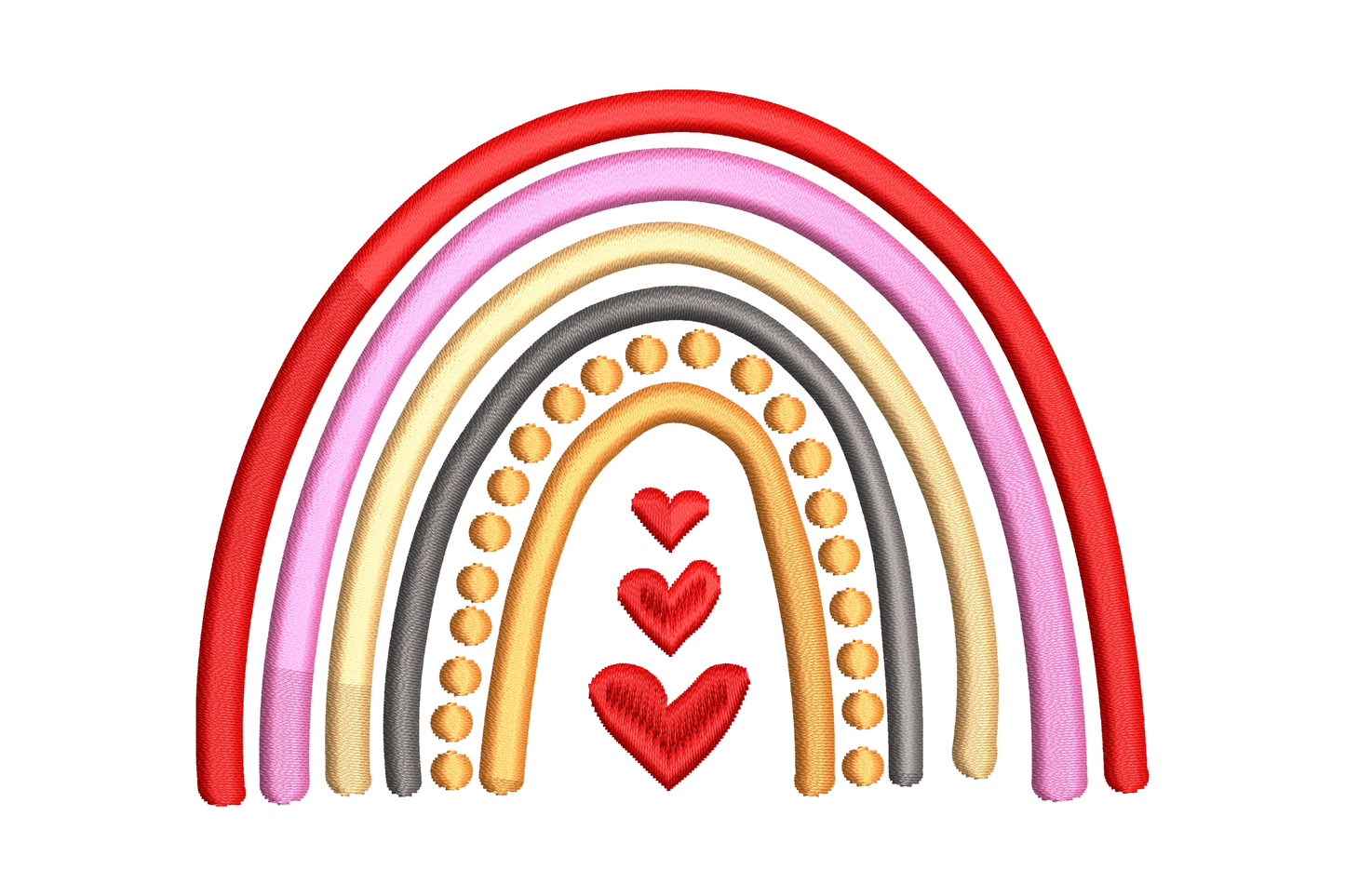 Rainbow hearts embroidery design with 5 filled satin hearts in rainbow colour sequence, 4 sizes from 1.14 to 3.4 inch