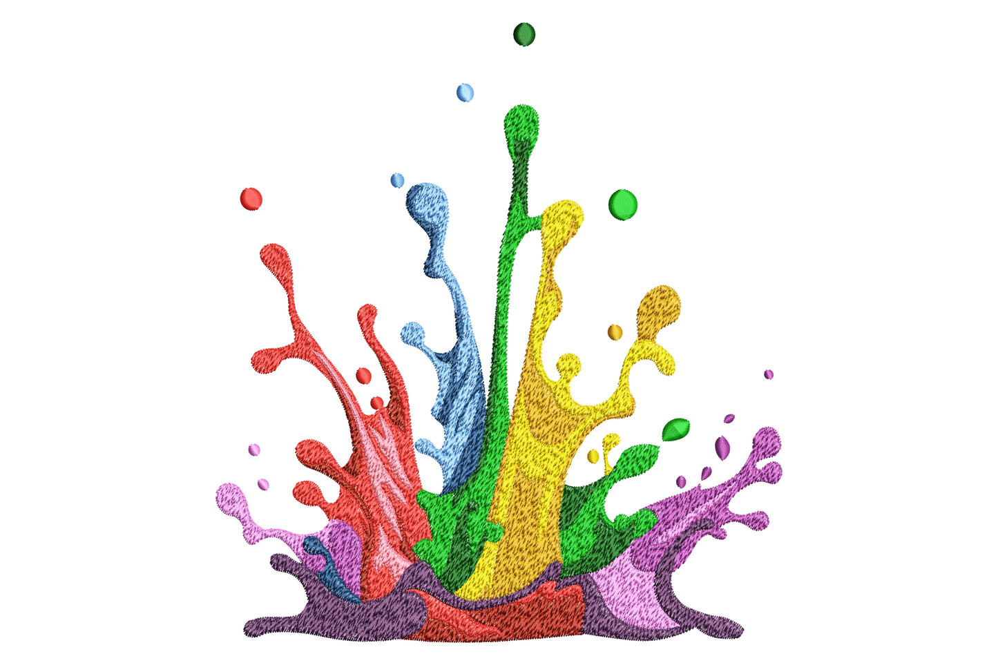 Rainbow paint splash embroidery design with red, blue, green, yellow, purple and pink colour streams exploding upward on white fabric.