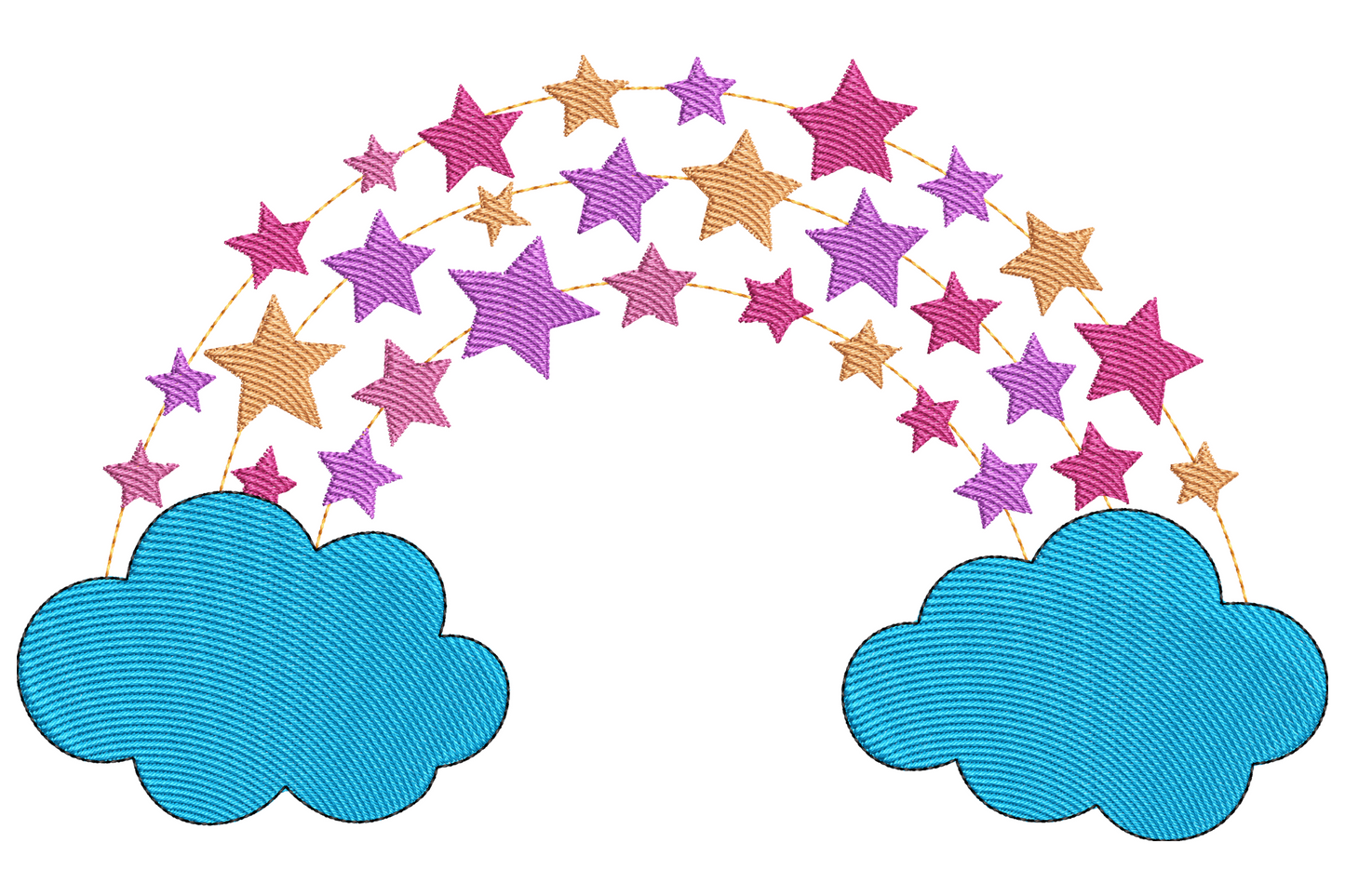 Rainbow stars cloud embroidery, two fluffy blue clouds with an arch of pink, lavender and orange stars arching between them.