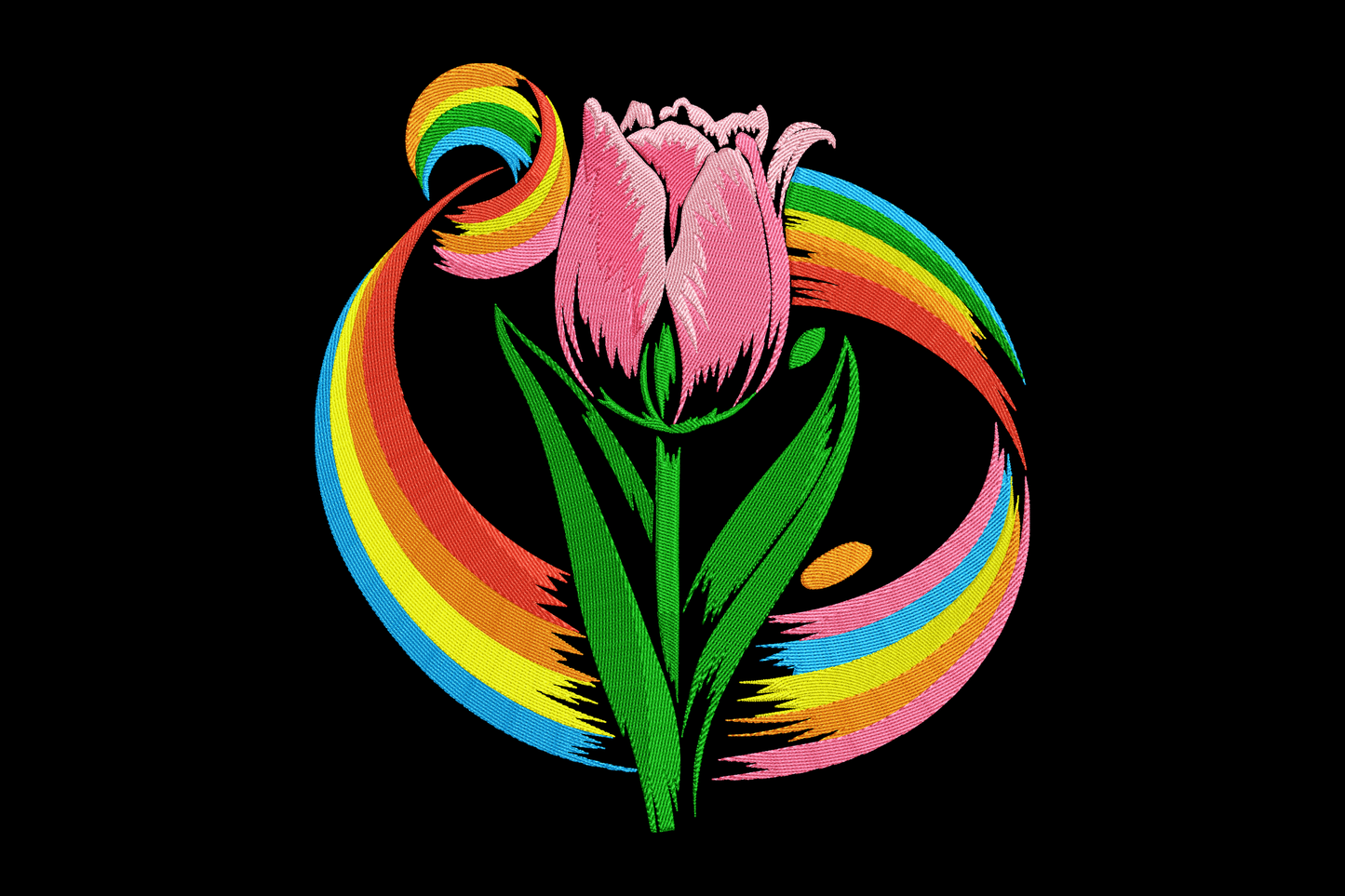 Colorful tulip design with rainbow swirls on a black background