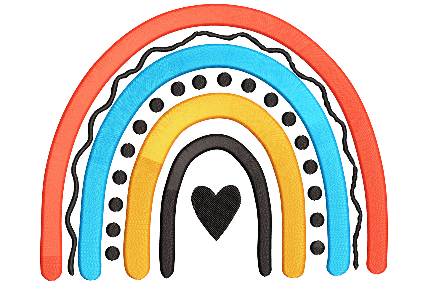 Boho rainbow with heart embroidery, four arches in red, blue, yellow, black with dotted band and a chubby black heart centred beneath.