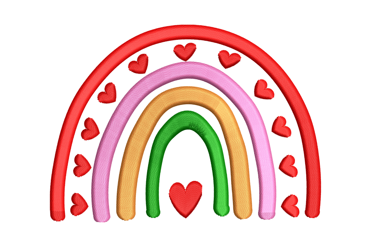 Rainbow with hearts embroidery design, arched rainbow with heart accents in 4 colours, 4 sizes from 1.1 to 3.29 inch