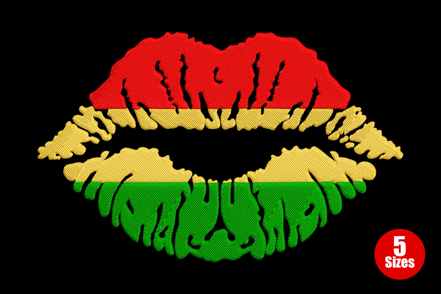 Rasta lips embroidery with red, gold, and green horizontal band lip silhouette and white satin highlight slashes.