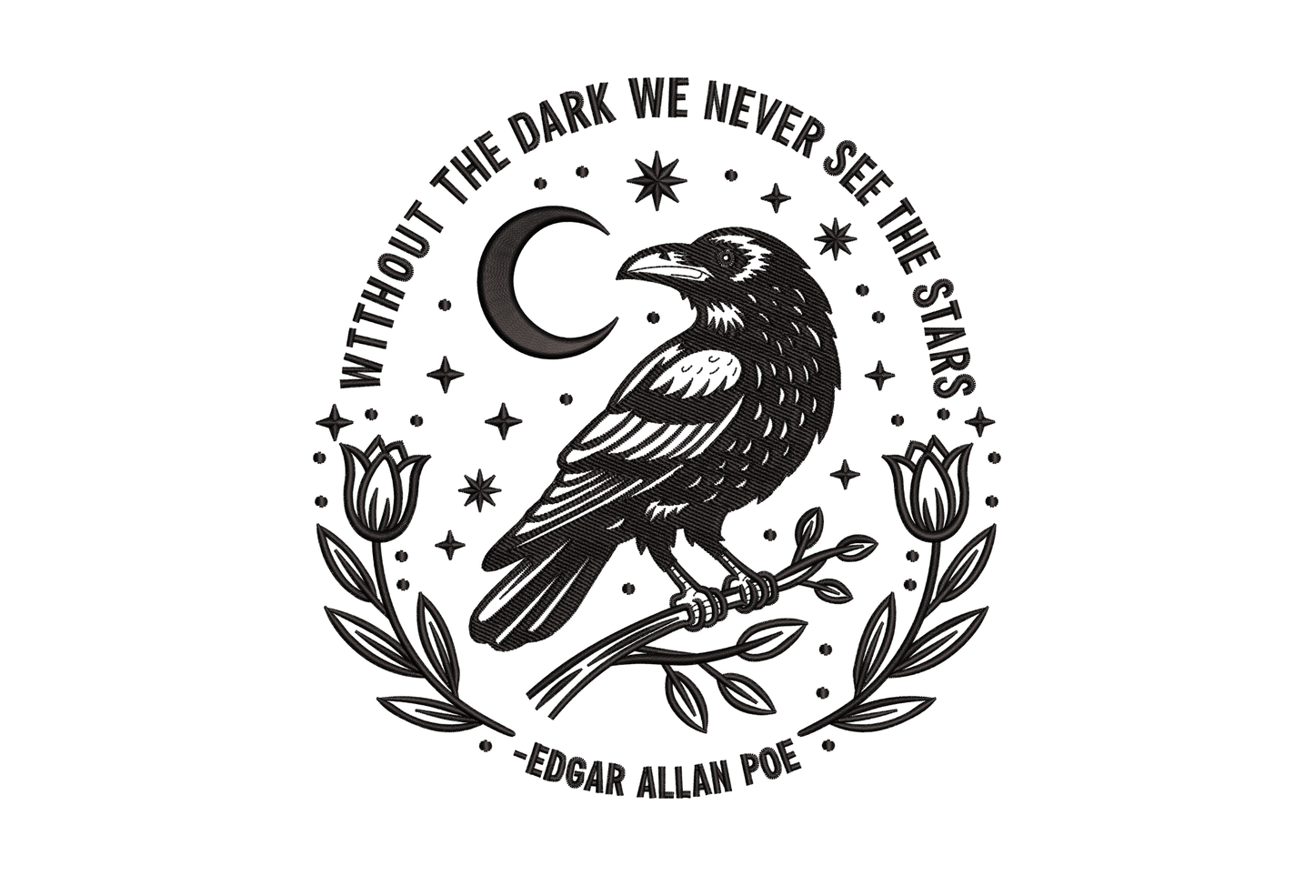 Black and white illustration of a crow with flowers and a moon, featuring an Edgar Allan Poe quote.