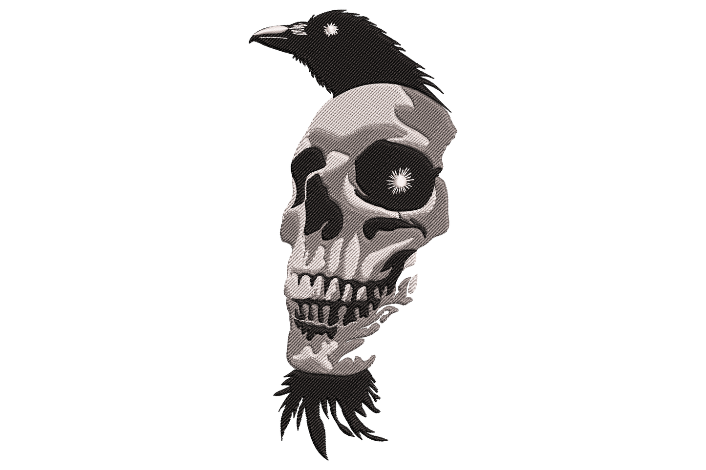 Raven skull embroidery, human skull in side profile with a black raven perched on top, monochrome grey and black