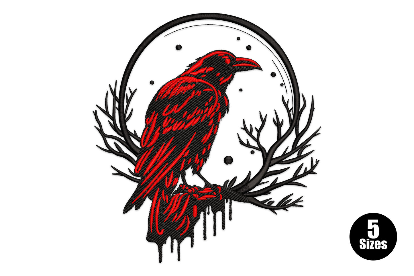 Raven on branch gothic embroidery design, red and black 2 colour, circle frame, 16380-31099 stitches, 4 sizes 4-7 inch
