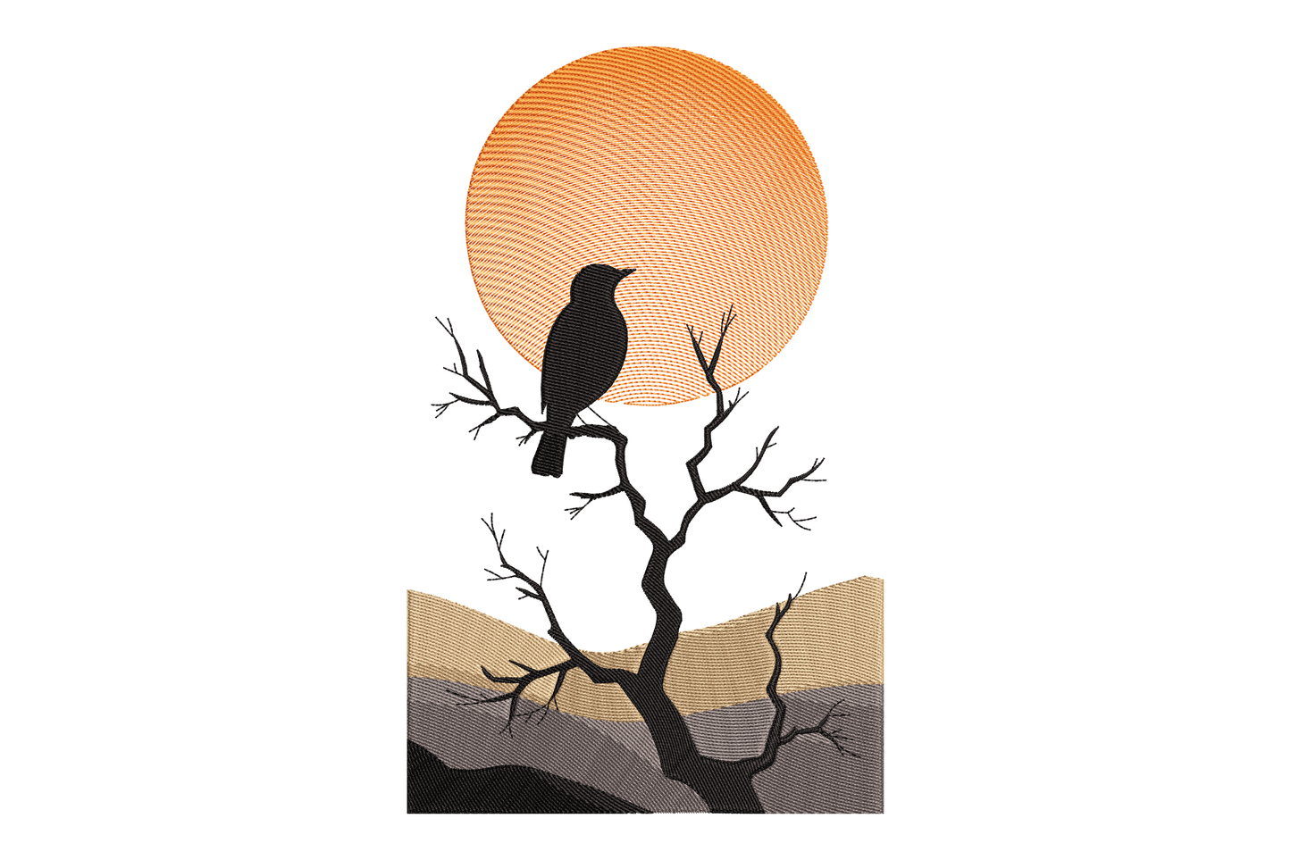 Bird perched on a branch with an orange sun in the background