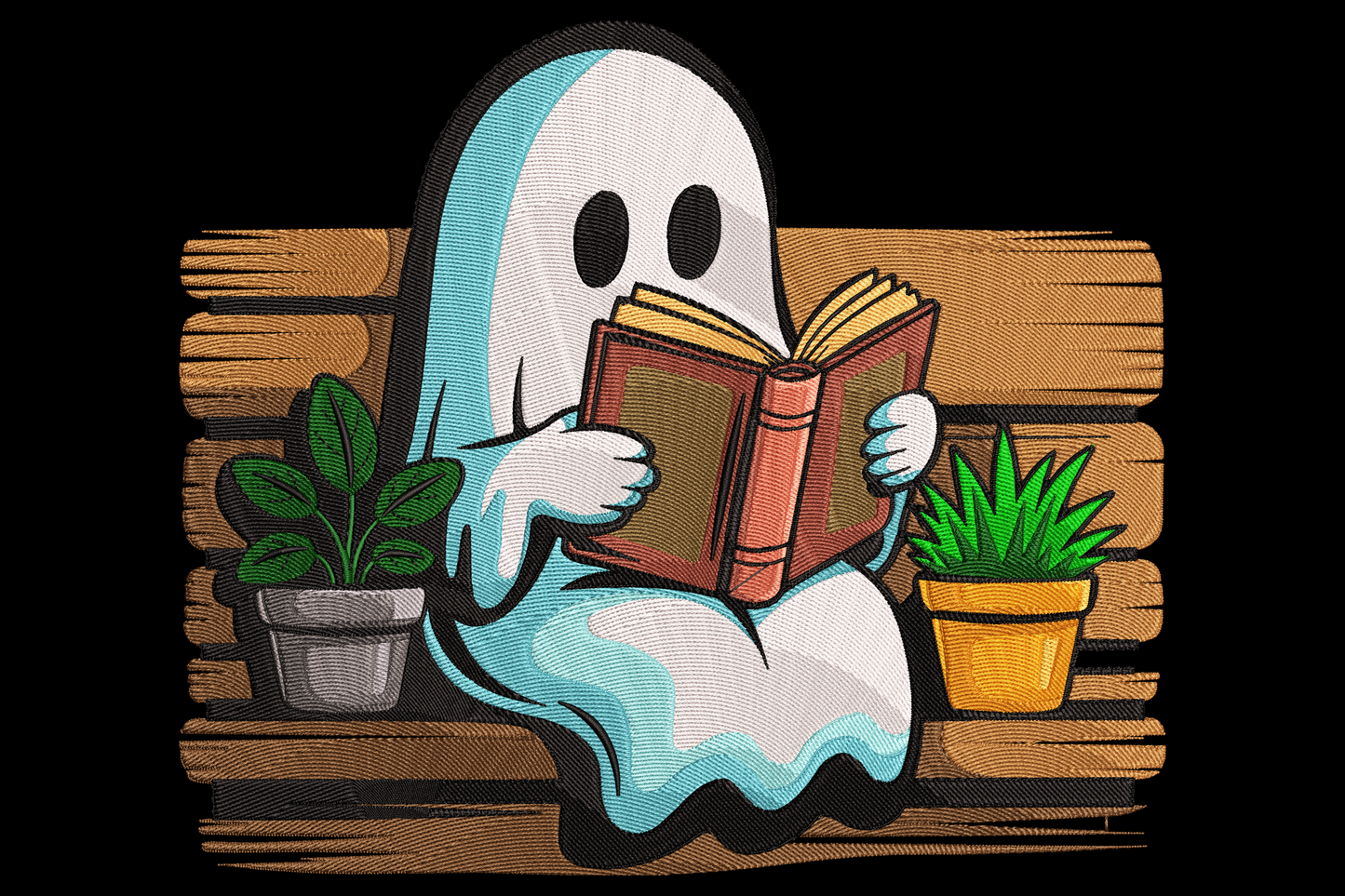 Reading Ghost embroidery design, cute cartoon ghost holding open book, nineteen-colour highly detailed stitch, 3.5 by 3.03 inch Halloween bookish character.