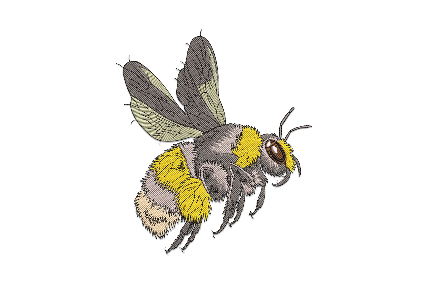 Realistic bumble bee embroidery design with 8 thread colours including yellow, black, peach and sage green wings, on white background.