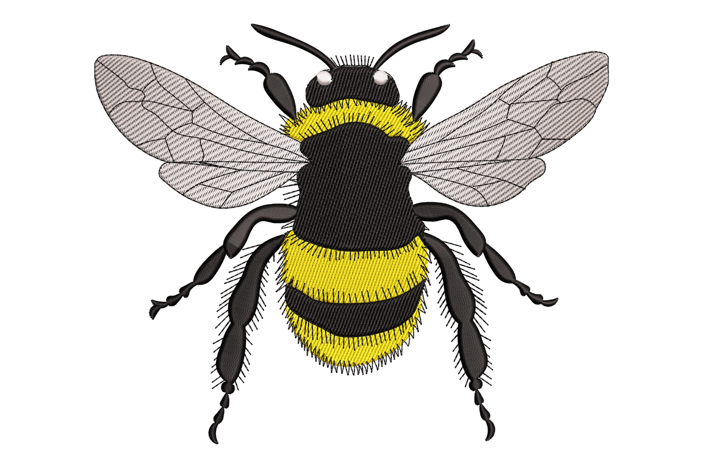 Realistic bumble bee embroidery design, top-down view with spread wings, yellow and black striped abdomen and grey wing vein detail.
