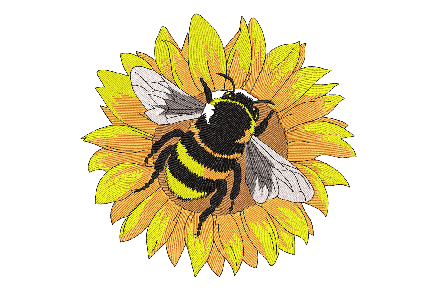Realistic bumblebee embroidery on a golden sunflower, wings spread, warm yellow petals with orange base shading.