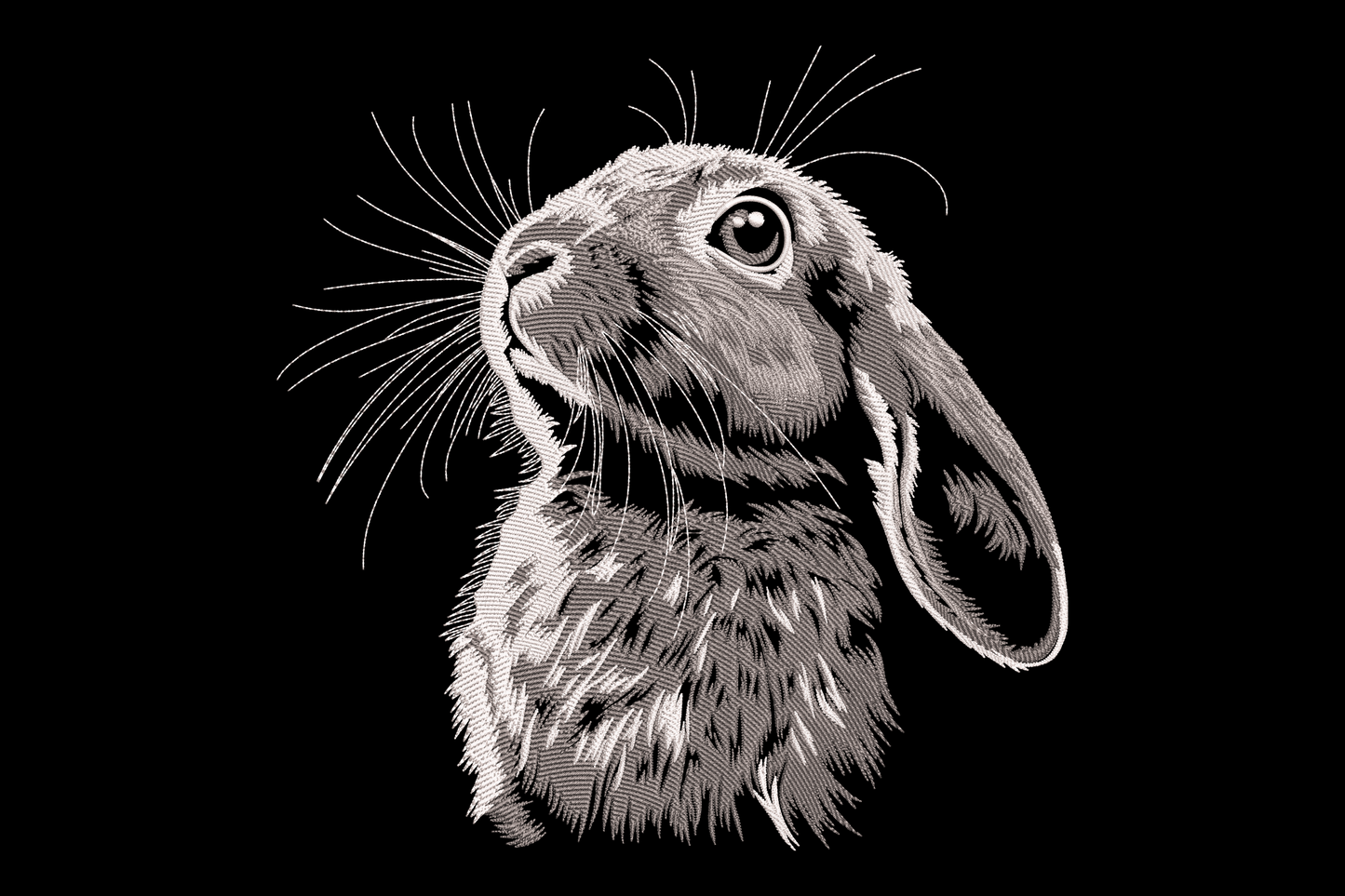 Realistic bunny embroidery design, detailed charcoal and white rabbit portrait with directional fur stitching and fine whisker lines.