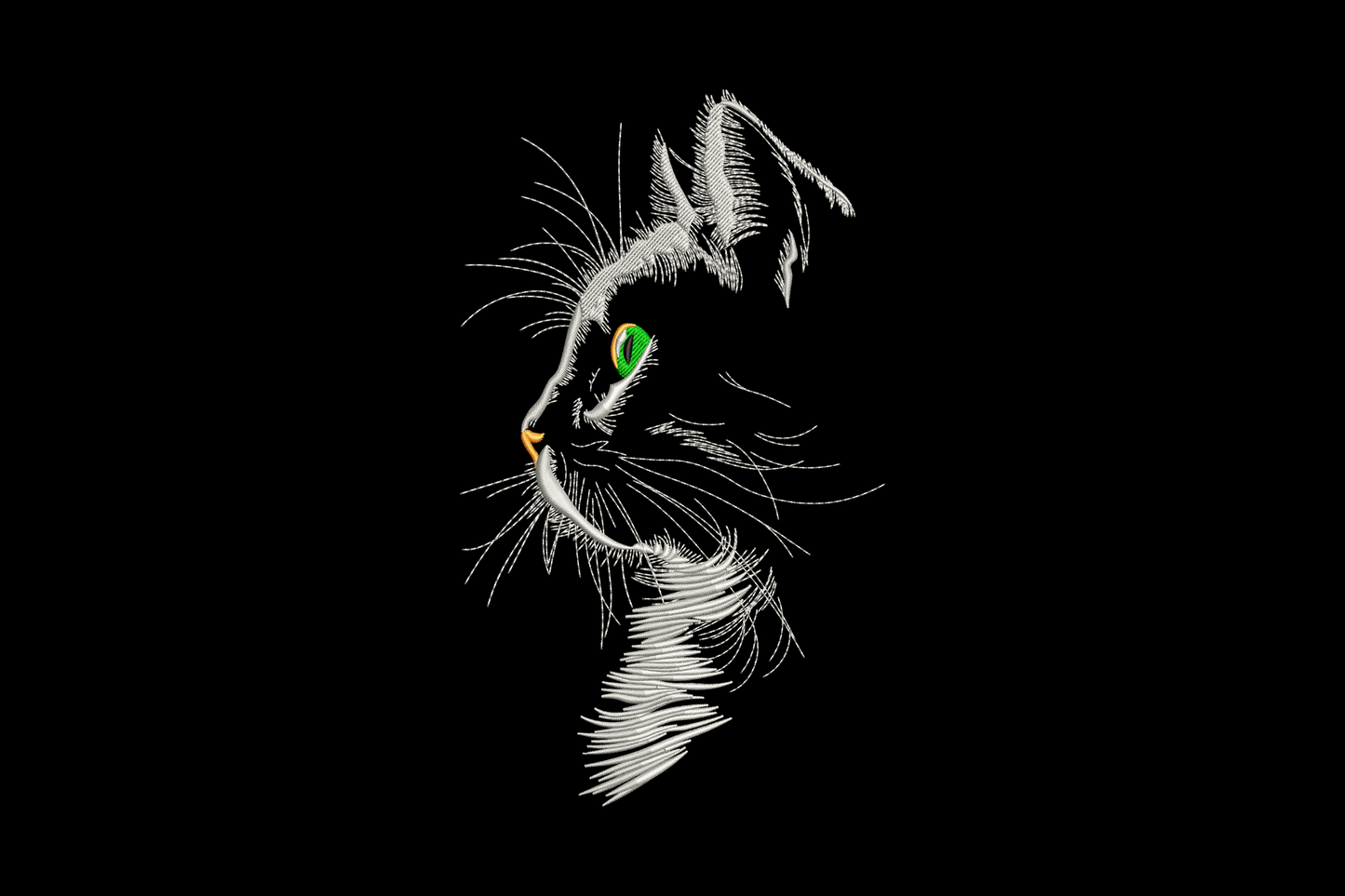 Realistic cat face embroidery shown in left profile with sketchy grey fur strokes, green eye, orange nose and fine whiskers