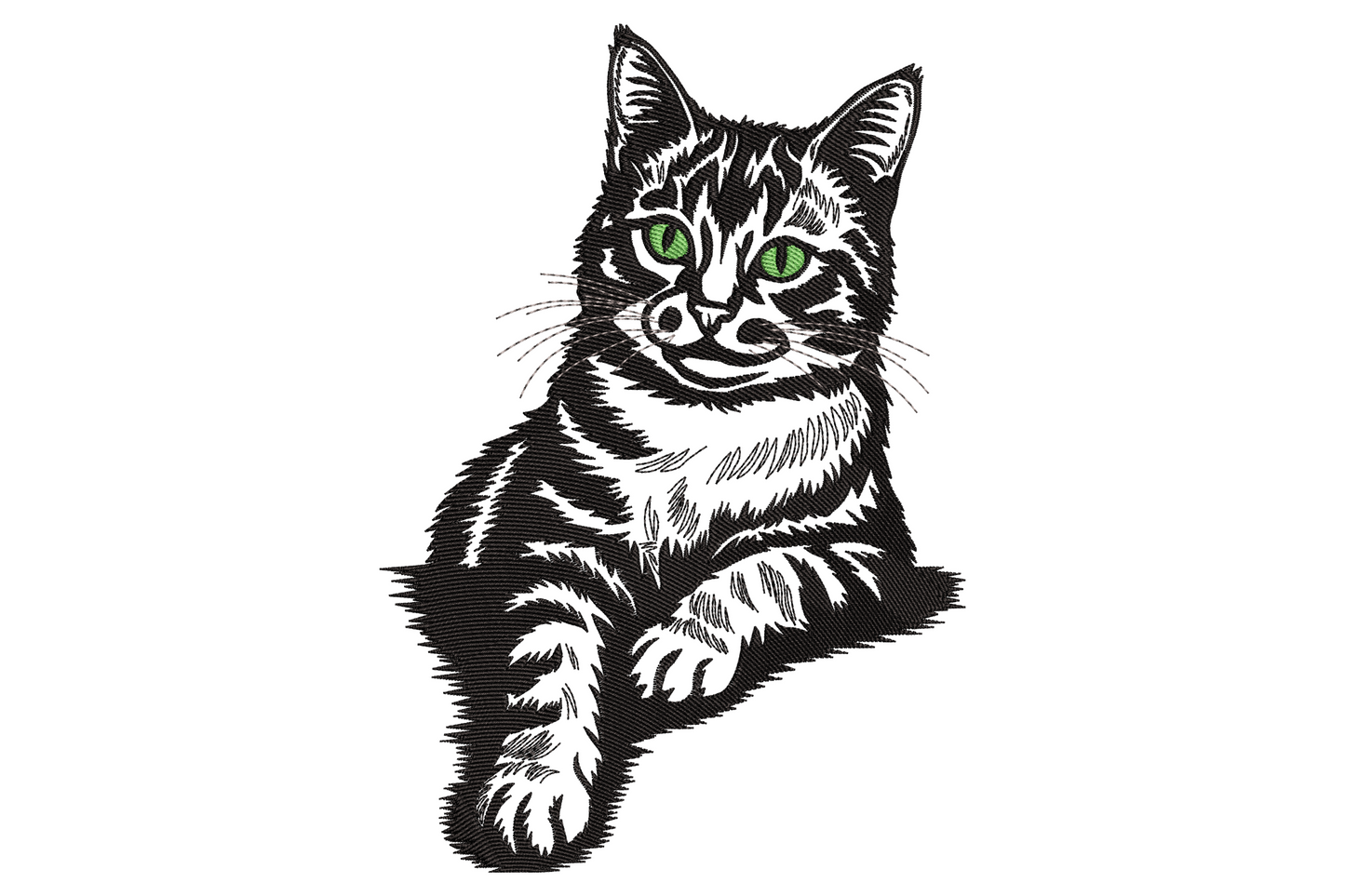 Realistic tabby cat portrait embroidery with bright green eyes and dense black fur shading