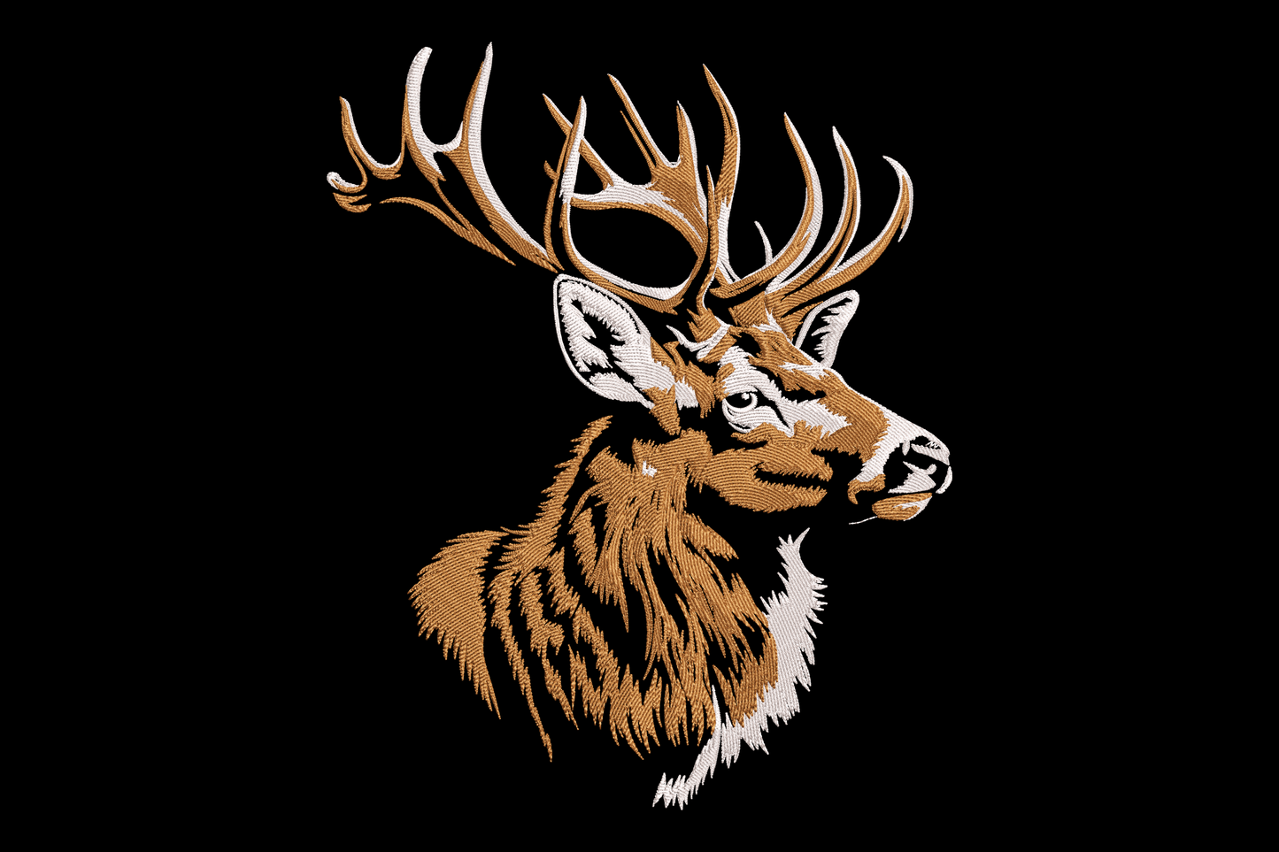 Realistic deer head embroidery design, side profile buck with antlers, golden-brown satin fill, 9 sizes