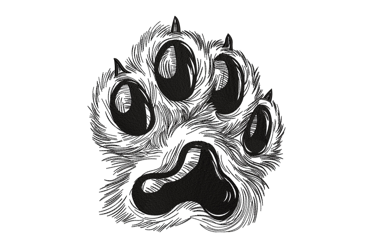 Realistic dog paw print embroidery design with fur texture, directional stitching and claw tips in black