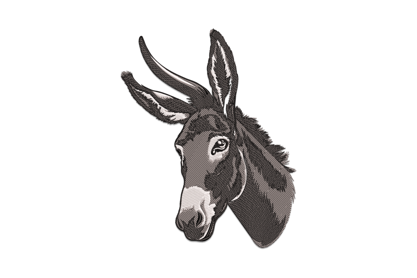 Realistic donkey head portrait embroidery design with directional fur shading in warm grey and cream tones on a clean background