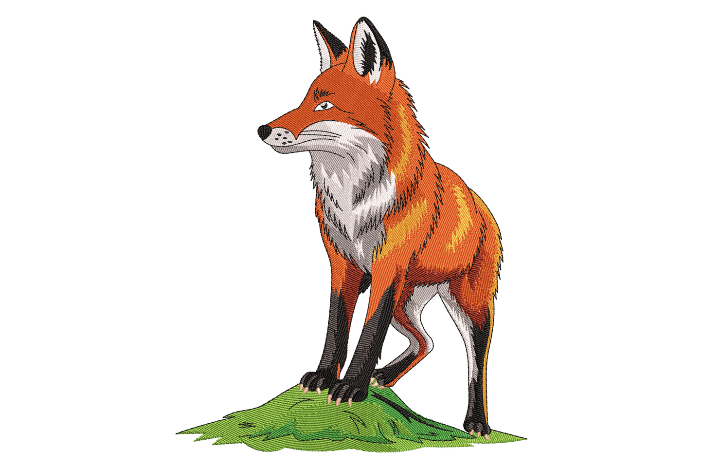 Realistic red fox embroidery standing alert on green grass, burnt orange and rust coat, grey legs, cream chest, 11-colour naturalistic style.