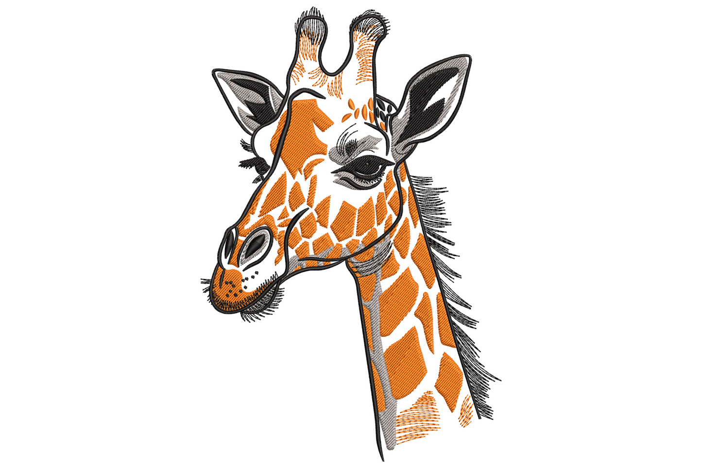 Realistic giraffe head embroidery design showing ossicones, irregular coat patches and directional fur stitching in warm tan and chestnut brown.