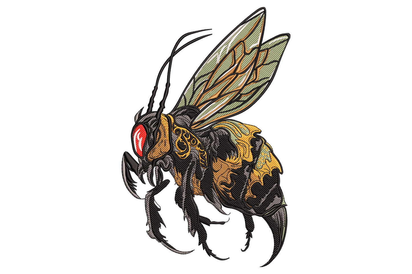 Realistic hornet machine embroidery in tattoo engraving style, 7 thread colors, black orange red eye sage wings, instant download