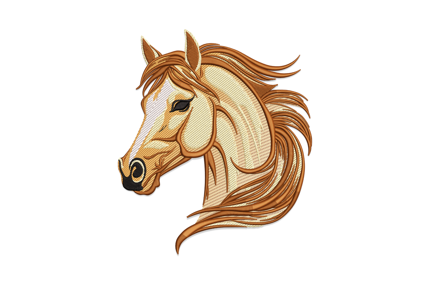 Realistic horse head embroidery design with chestnut mane, ivory face tones, chocolate jaw shading and directional satin coat fill in five colours.