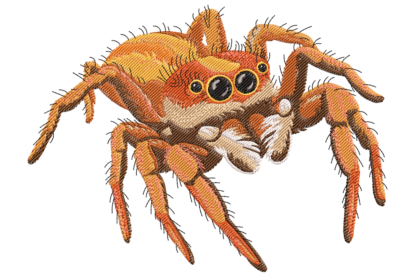 Realistic jumping spider embroidery with eight legs, peach fuzzy body, big shiny black eyes and rust shading on the limbs.