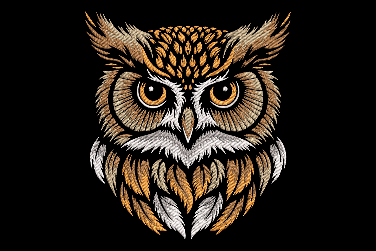 Realistic great horned owl head embroidery, amber eyes and layered feather detail, 9 sizes shown on black background.
