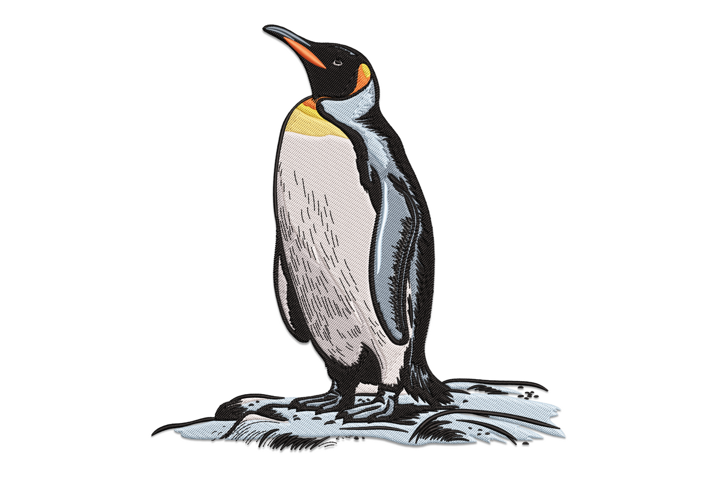 Realistic penguin embroidery, king penguin upright on rocks, black back, cream front, yellow-orange chest and orange beak.