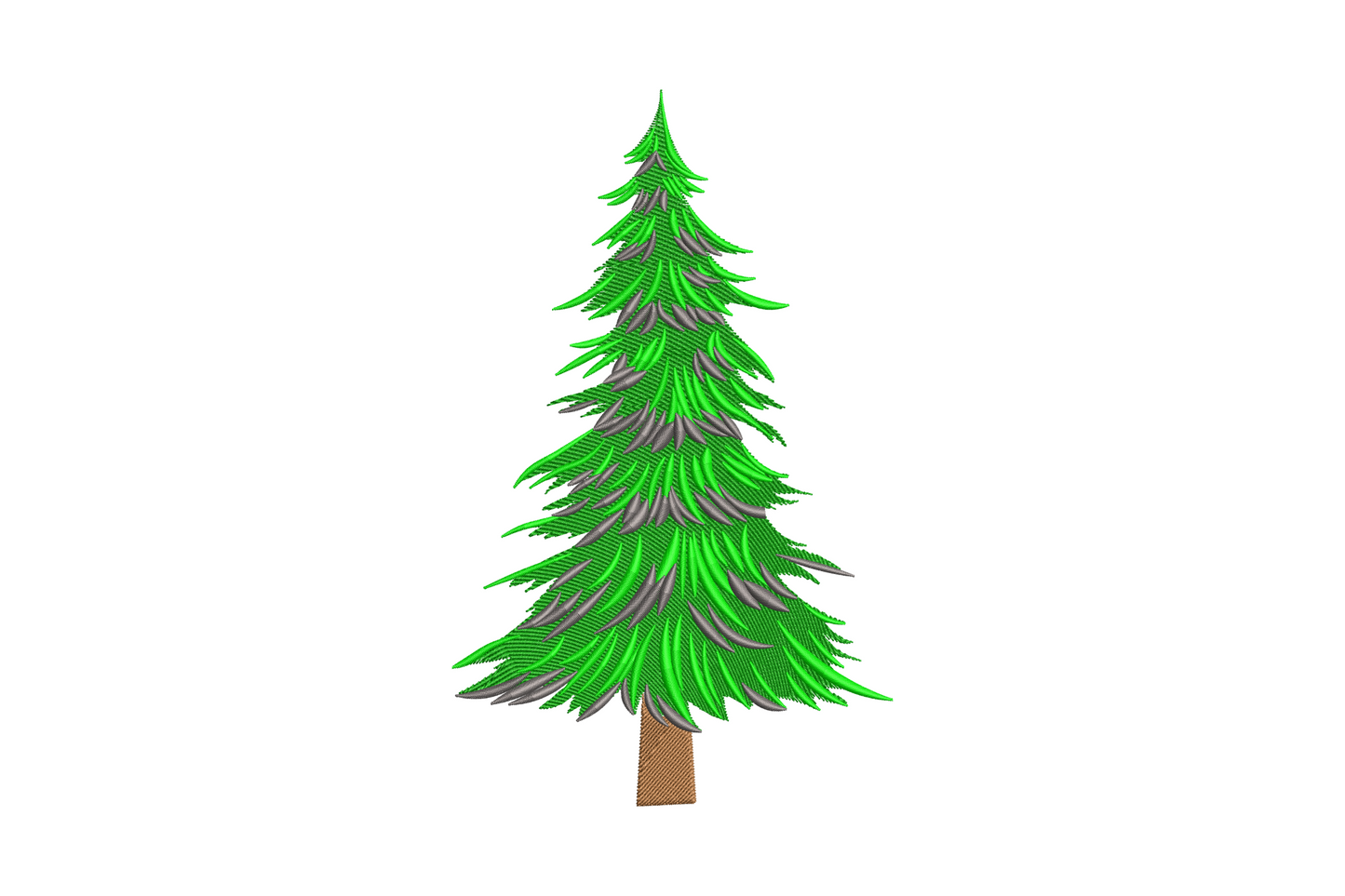 Realistic pine tree embroidery design with directional stitching in green, grey and brown thread on white background