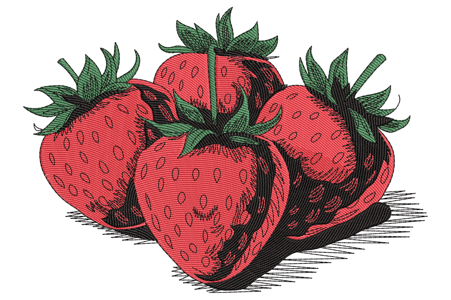 Realistic strawberry bunch embroidery with red berries, green leaf stems, fine black seed detail and hatched ink shadow.