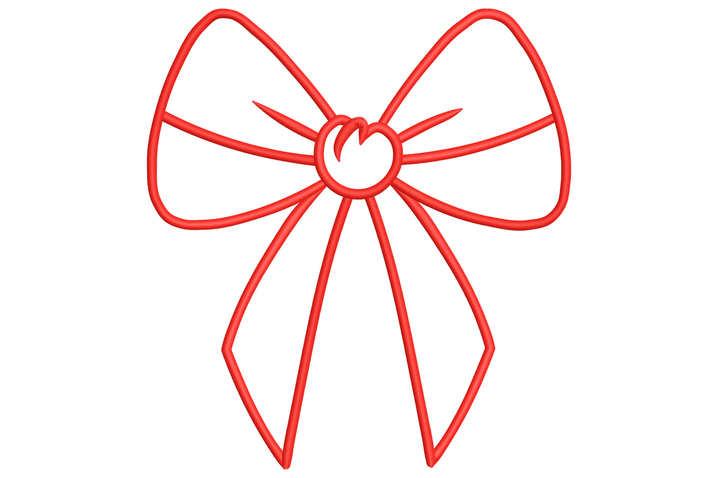 Red bow outline embroidery, two triangular loops, knotted centre with radiating spokes and two ribbon tails, no fill.
