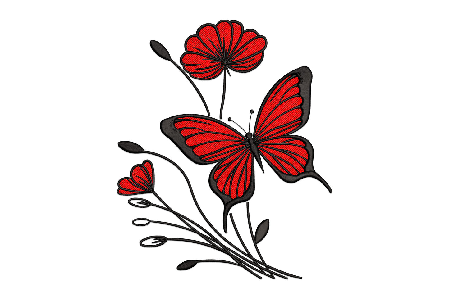 Red butterfly flower embroidery with crimson red monarch wings spread over black poppy stems and buds.