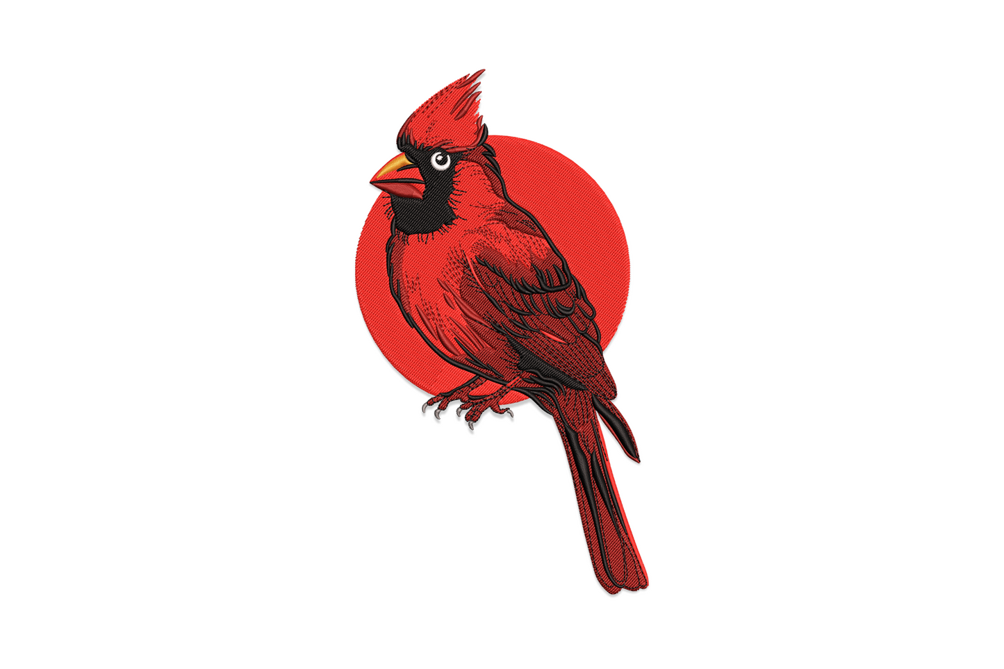Red cardinal bird embroidery design, male cardinal on a red disc with six-colour feather detail in scarlet, black and orange.