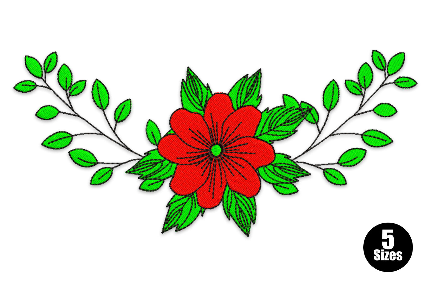 Red floral vine border embroidery design with a central five-petal flower and green leafy branches sweeping symmetrically outward.