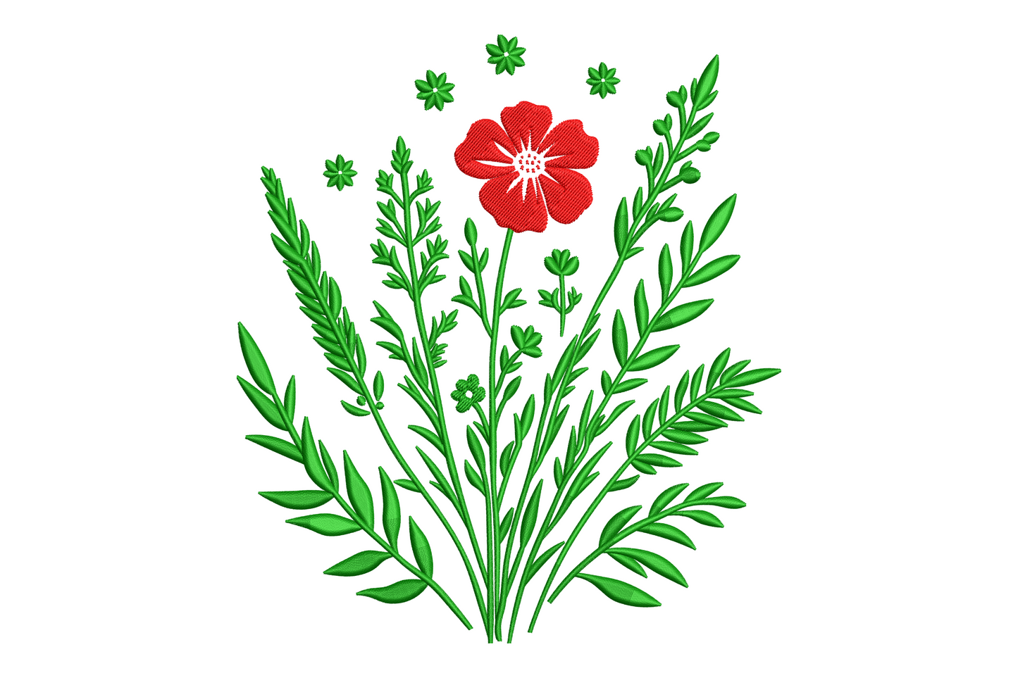 Red flower botanical embroidery design with a single open red poppy bloom surrounded by dense dark green fern stems and small wildflowers