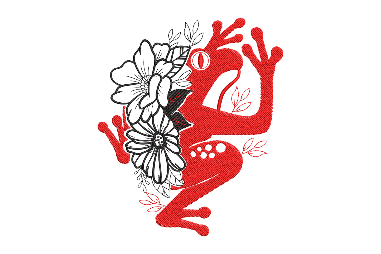 Red tree frog embroidery design with bold black botanical floral overlay, solid satin fill frog body on white background.