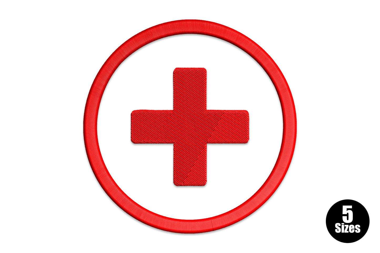 Red medical cross inside circle embroidery design, single colour bold satin fill, clean healthcare symbol on white background