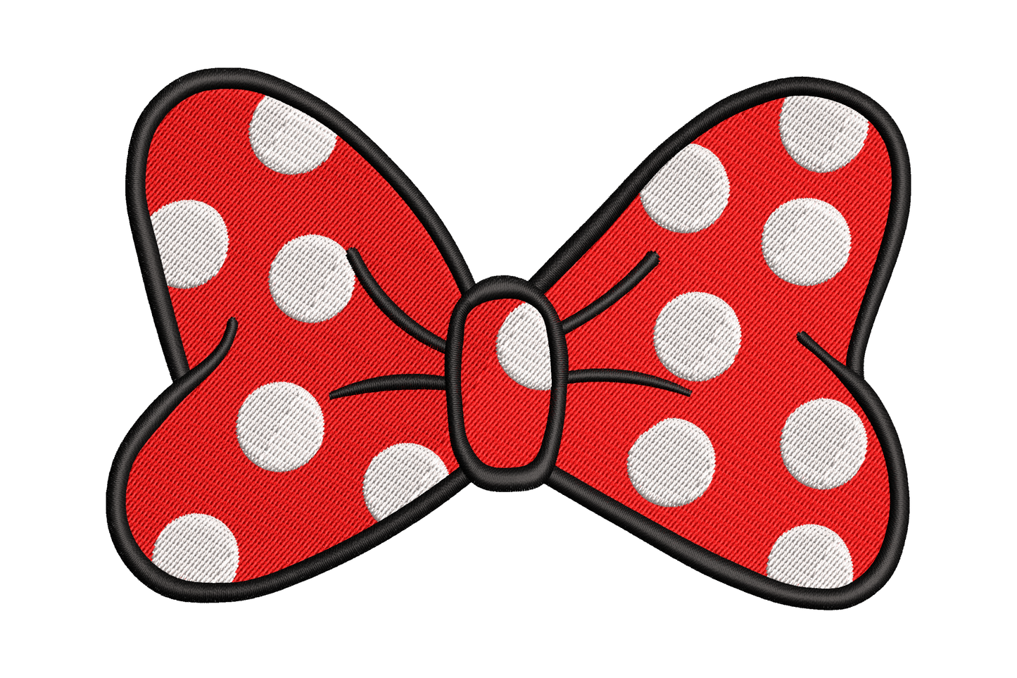 Red polka dot bow embroidery with white dot fill, black outline and centre knot, 3 colours across 5 sizes.