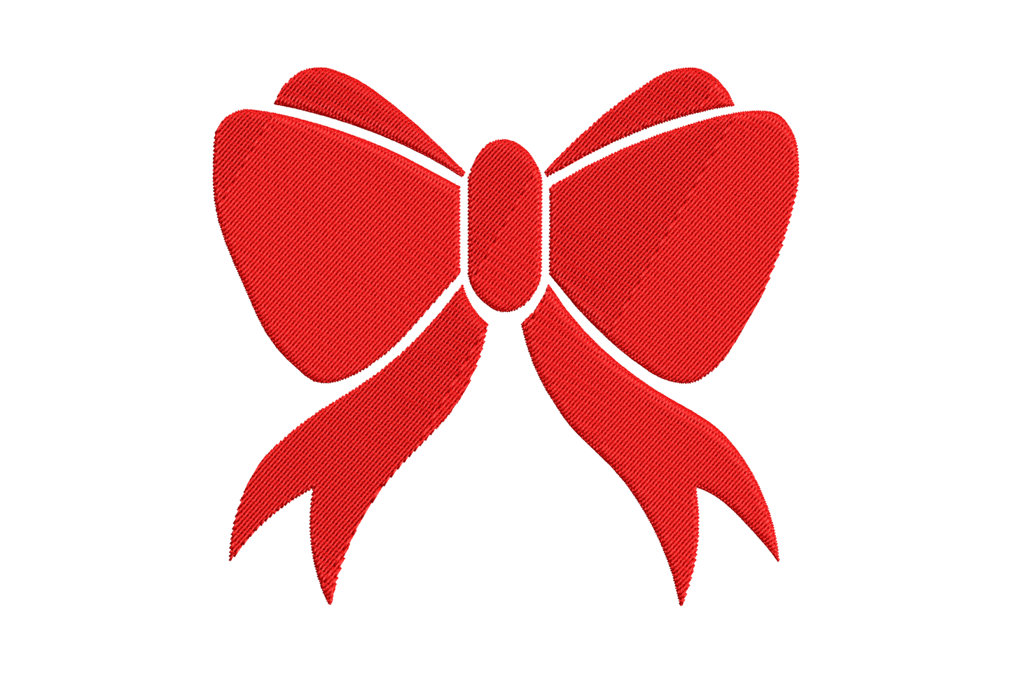 Red ribbon bow embroidery with long trailing tails and full rounded loops, single red colour in 4 sizes from 3007 to 13806 stitches.