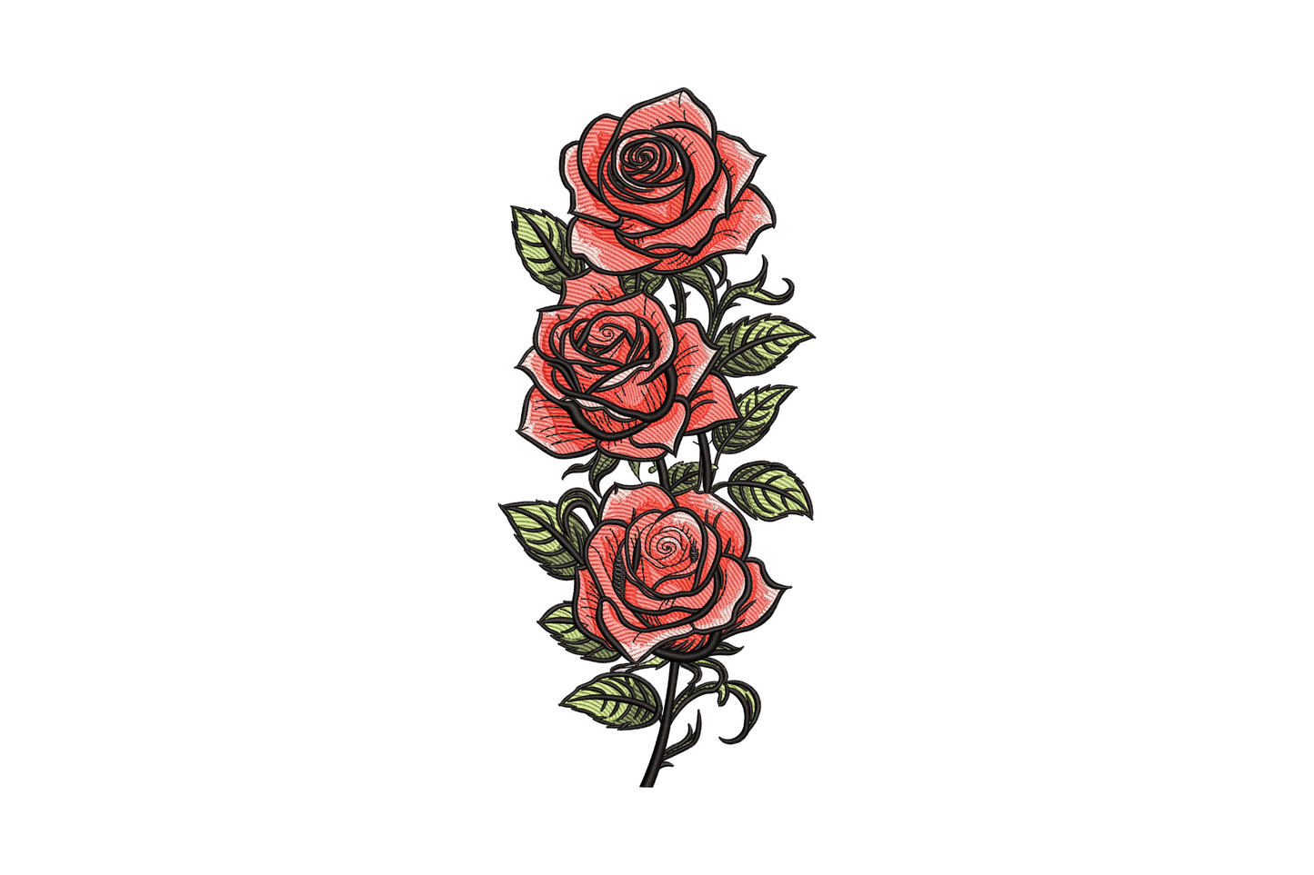 Red rose branch embroidery, layered petals and green leaves, botanical style, 7 colours, 4 sizes 5.51-8.51 inches