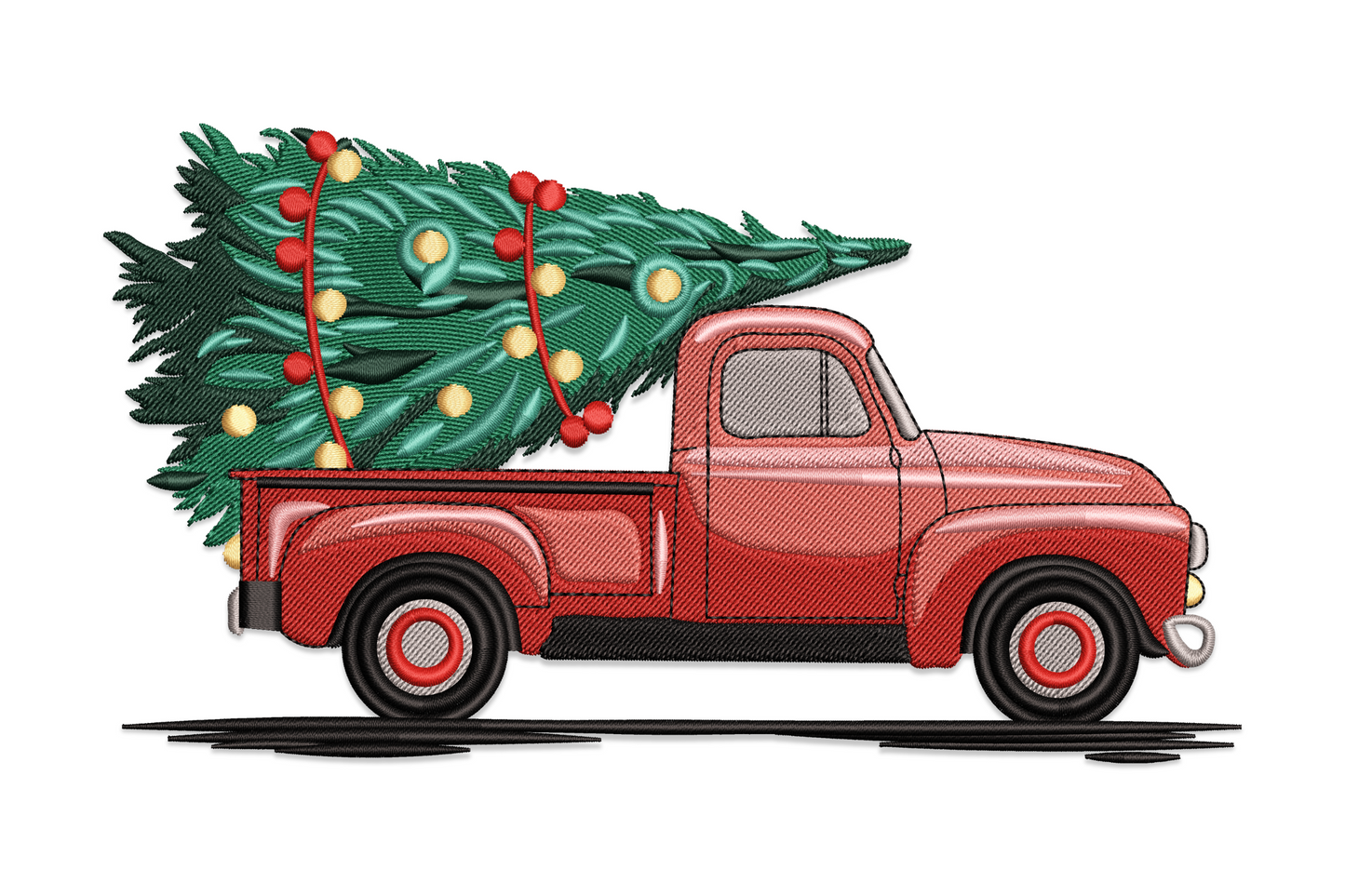 Vintage red pickup truck embroidery design in 1950s style profile view, flatbed loaded with a decorated green spruce tree with red and gold ornament balls.