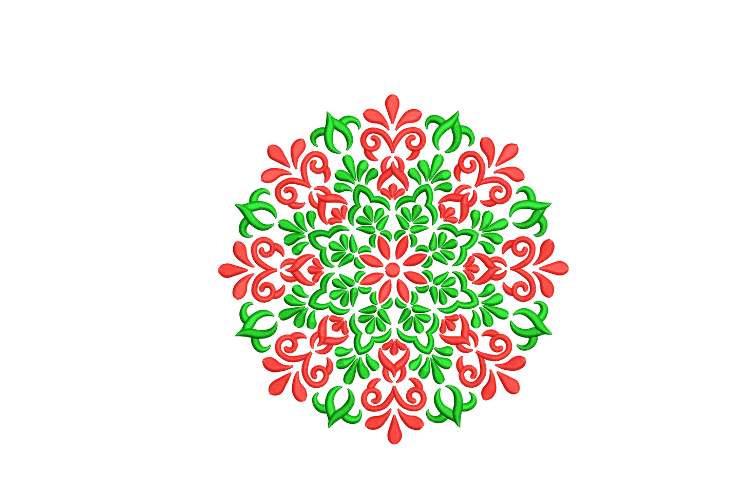 Red and green decorative mandala machine embroidery with scrollwork, leaf clusters and curl motifs on white background